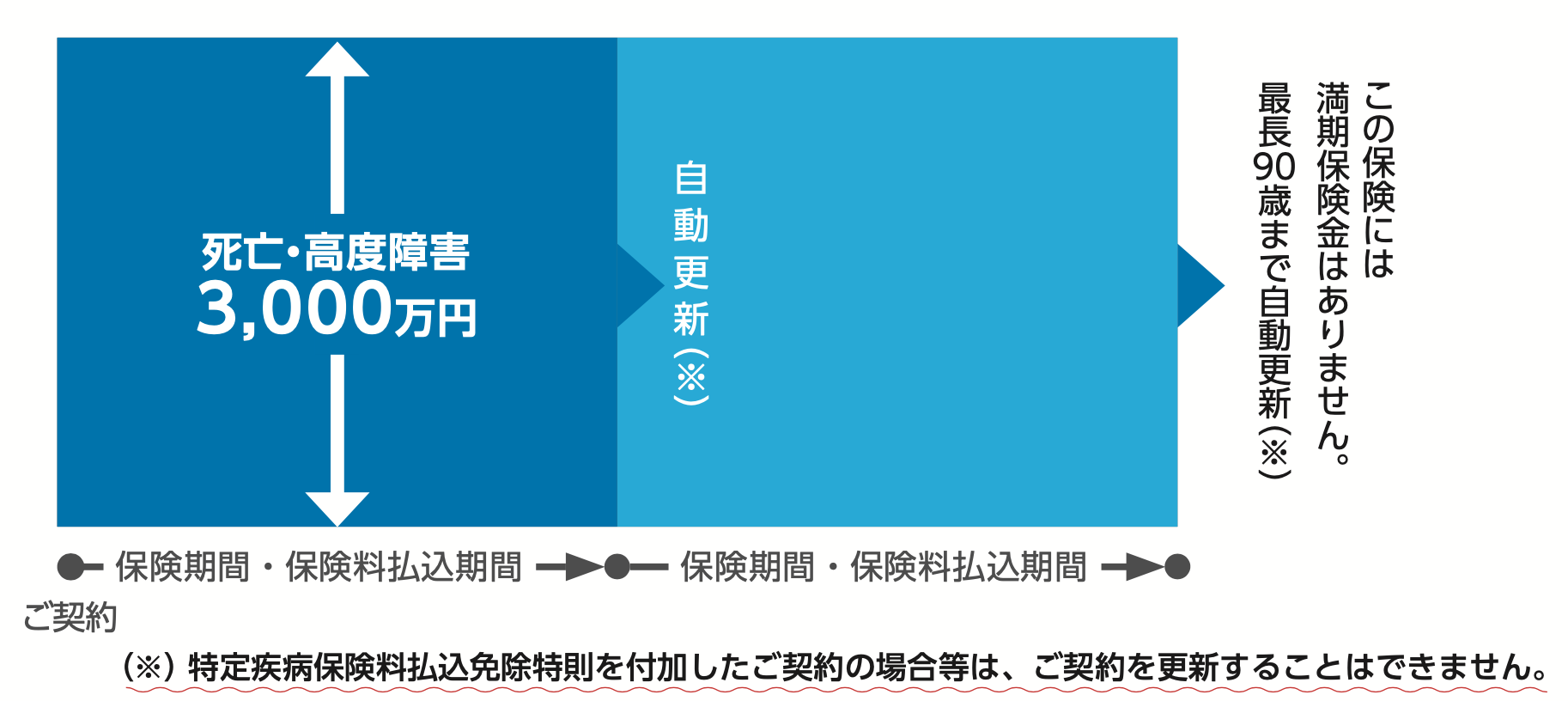 主契約 : 保険金額3,000万円、更新がある場合